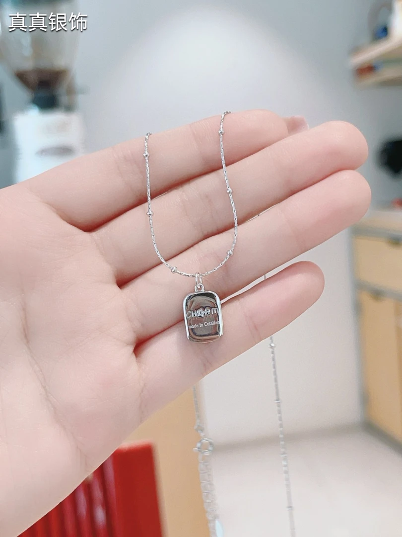 坠链均925银 s925纯银白金色方牌字母项链女日常百搭小众配饰