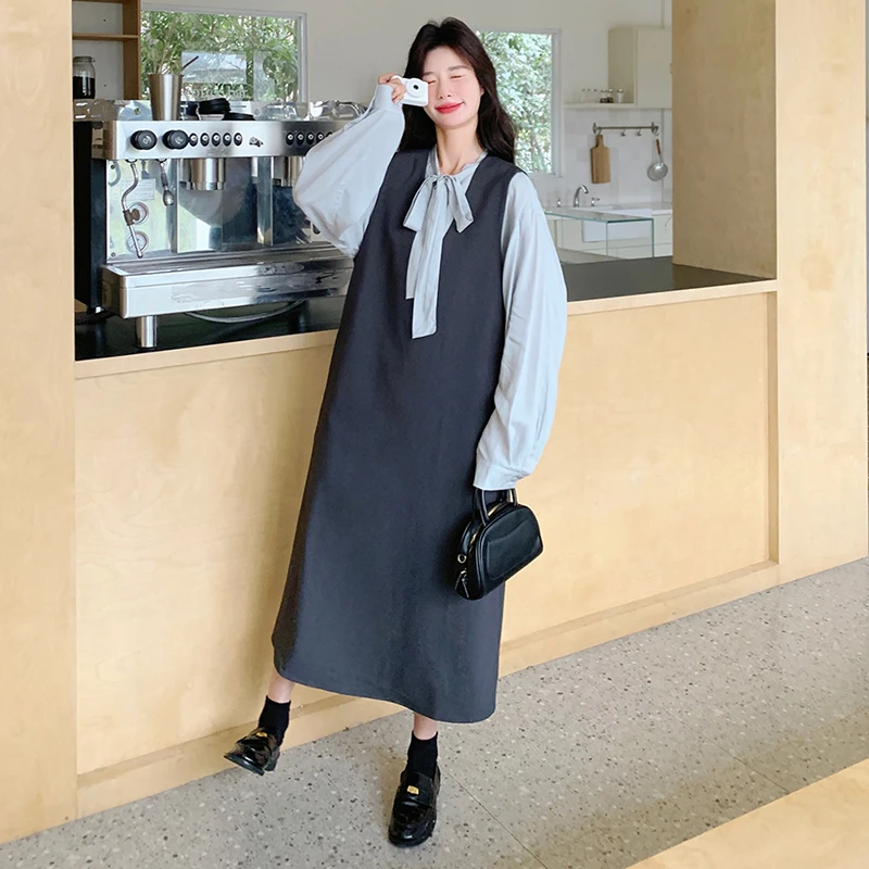 韩系浅蓝色衬衫背心连衣裙套装女2025秋冬新款巨好看针织长裙子