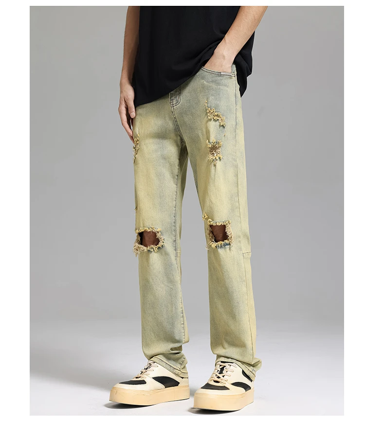 美式高街破洞牛仔裤男女同款夏季宽松直筒潮牌vibe做旧休闲长裤子