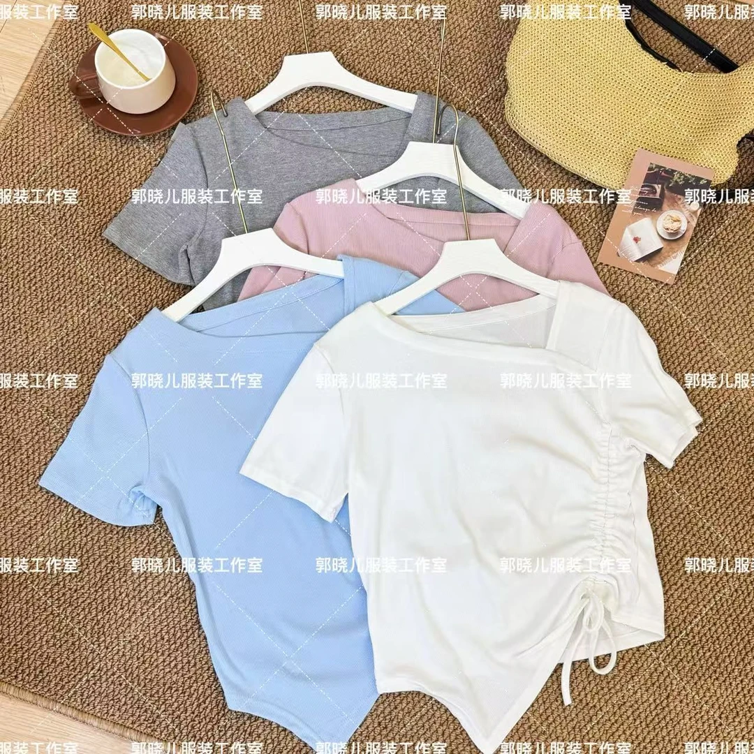褶皱T恤显瘦夏季短袖百搭斜领韩版不对称抽褶不规则抽绳上衣9620
