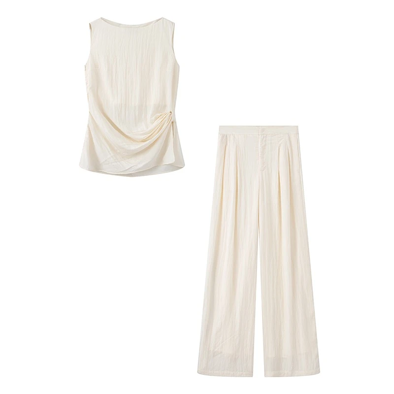 艾家2025夏新轻奢时尚百搭款纯色无袖上衣高腰裤套装-9208