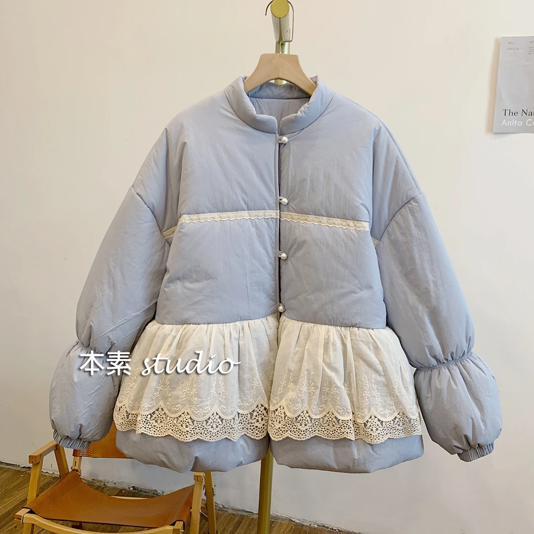 椰椰奶泡C3099夹棉蕾丝拼接立领棉衣