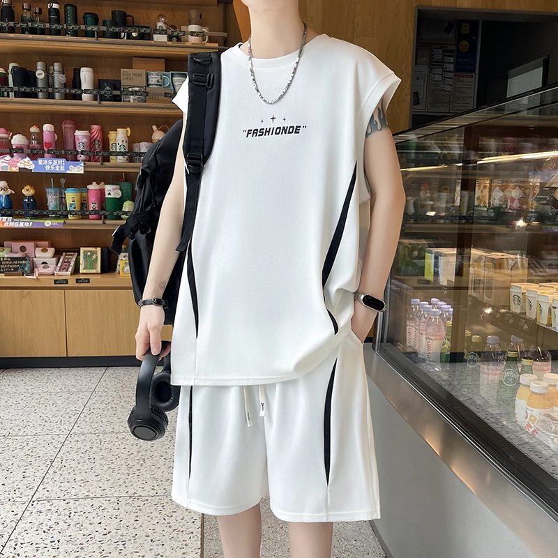 夏季新款休闲运动无袖套装青少年学生薄款透气帅气两件套百搭休闲