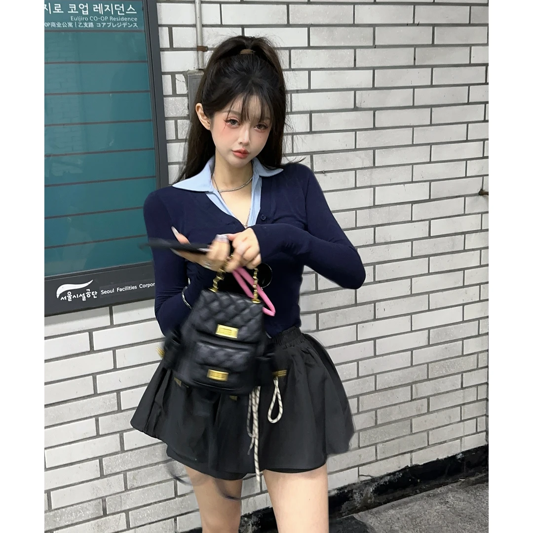 21DEGREES【地铁女高】泡菜定制小v翻领假两件上衣深灰色俏皮裙裤