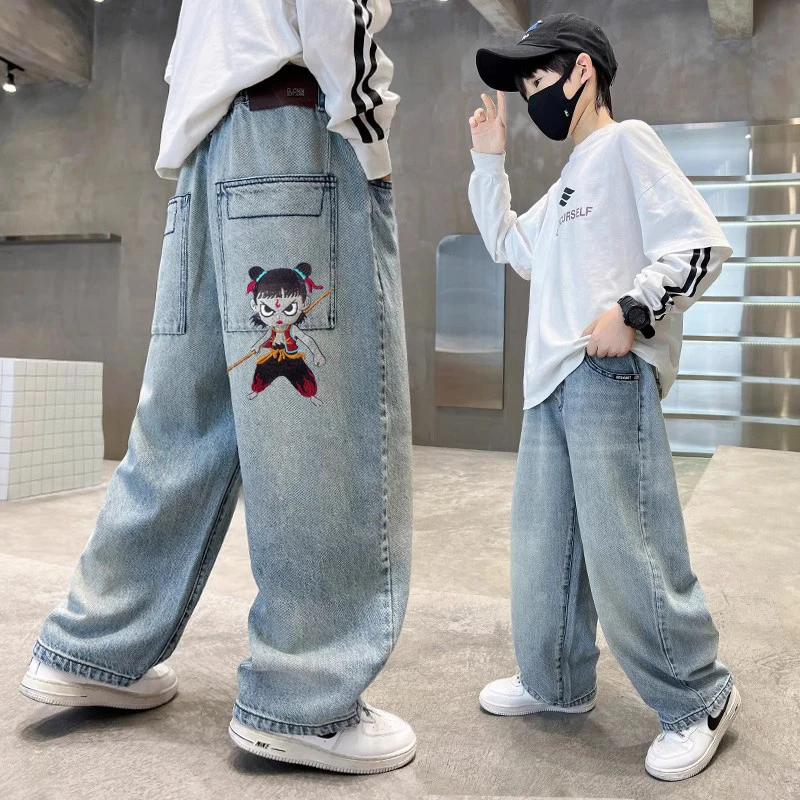 【高定刺绣哪吒】男女童宽松直筒牛仔裤春痞帅时髦炸街儿童裤NZ921