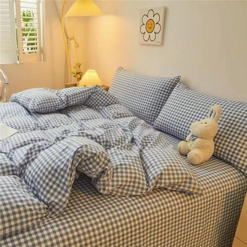 全棉100%色织水洗棉床品  23蓝色小格