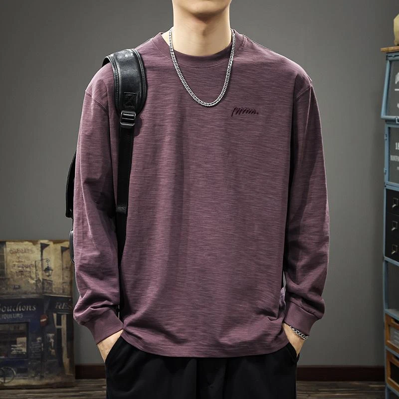 U&PURA2025秋季美式竹节棉长袖T恤男圆领休闲刺绣卫衣宽松内搭