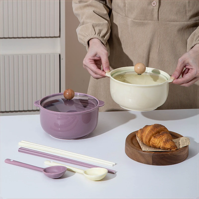 北欧ins风家用一人食陶瓷餐具创意双耳泡面碗带盖宿舍学生汤碗gh