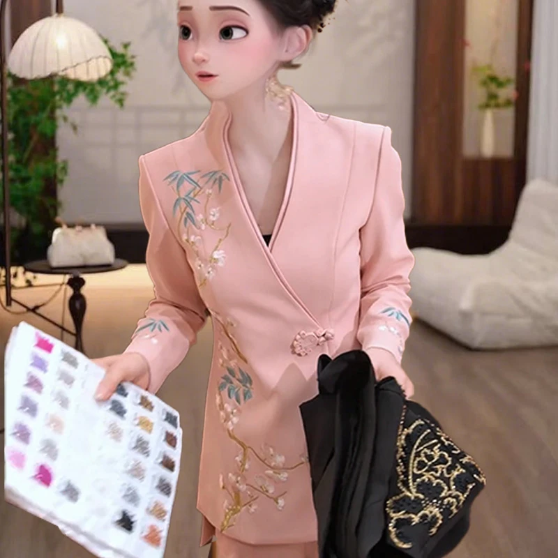 中国风套装女秋冬改良中式新款小西装上衣裤子民族风洋气两件套女