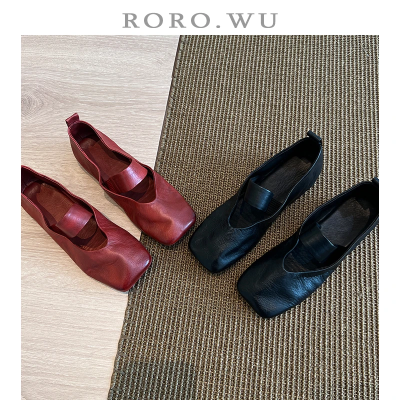 娆娆吴·复古水洗马皮玛丽珍平底低跟浅口一字带单鞋T503