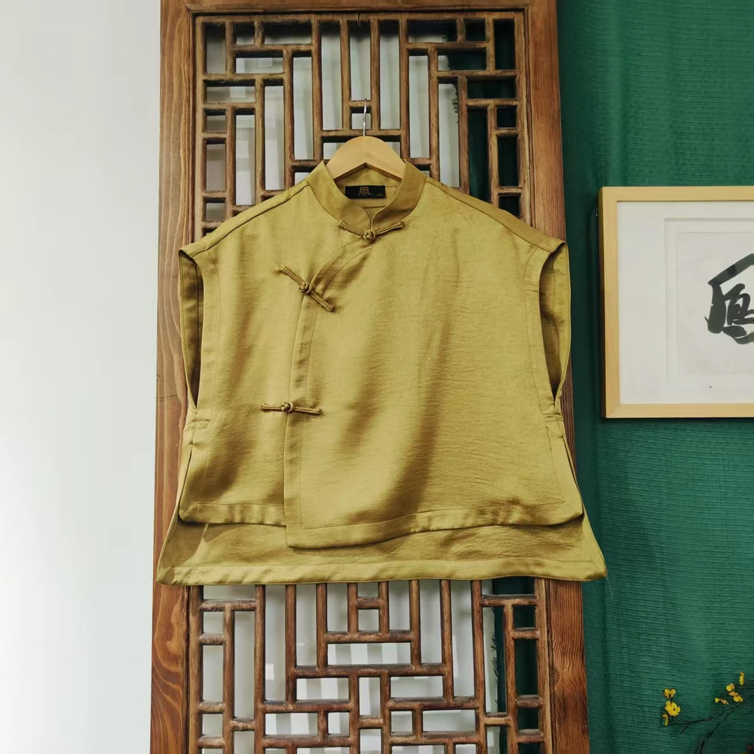 (LS597-5/23) 凤徕兮私人定制芥子黄色光板斜襟盘扣无袖短上衣