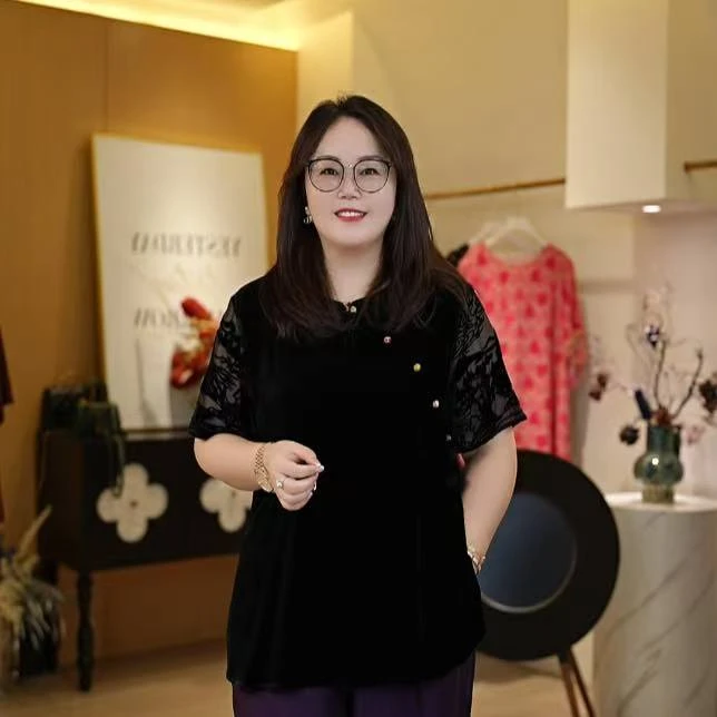 【深圳霞姐】100%桑蚕丝夏季新款大码女装圆领复古丝绒百搭短袖上衣