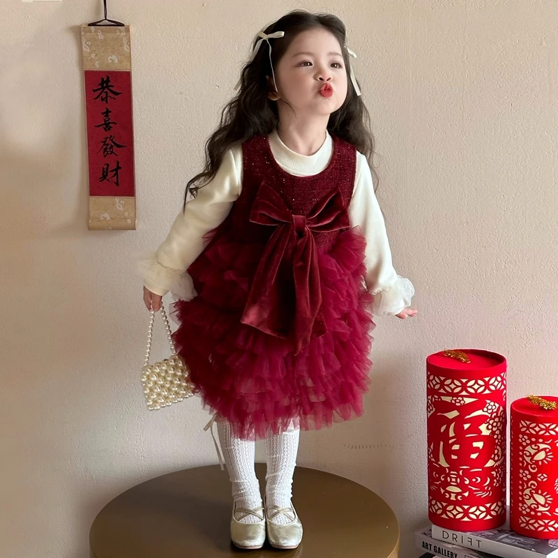 女童红色蛋糕裙秋冬季喜庆拜年服宝宝周岁礼服儿童连衣裙公主裙子