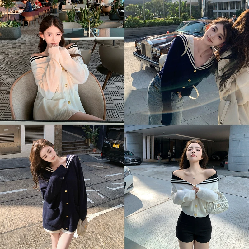 “Miu系学院少女”实穿届精致风 早春100绵羊毛海军领针织套装