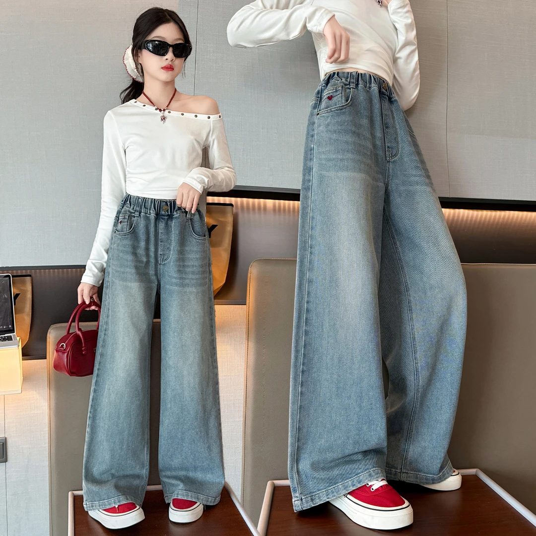 女童阔腿裤春秋韩版网红炸街宽松牛仔裤秋款女大童直筒裤儿童裤子
