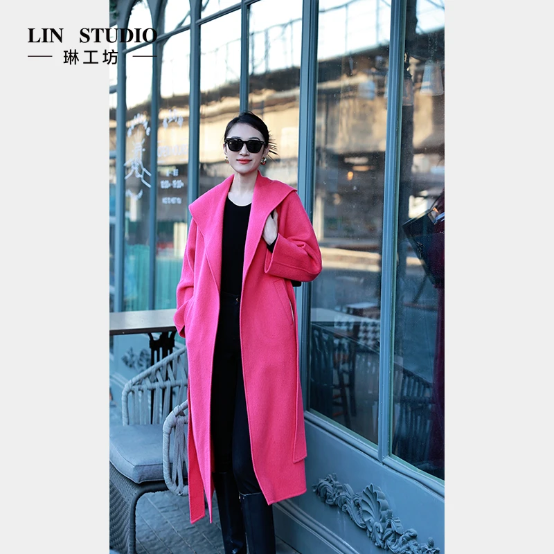【骆驼绒】琳工坊粉涴玫红色大衣气质优雅温柔时尚秋冬唐琳设计师