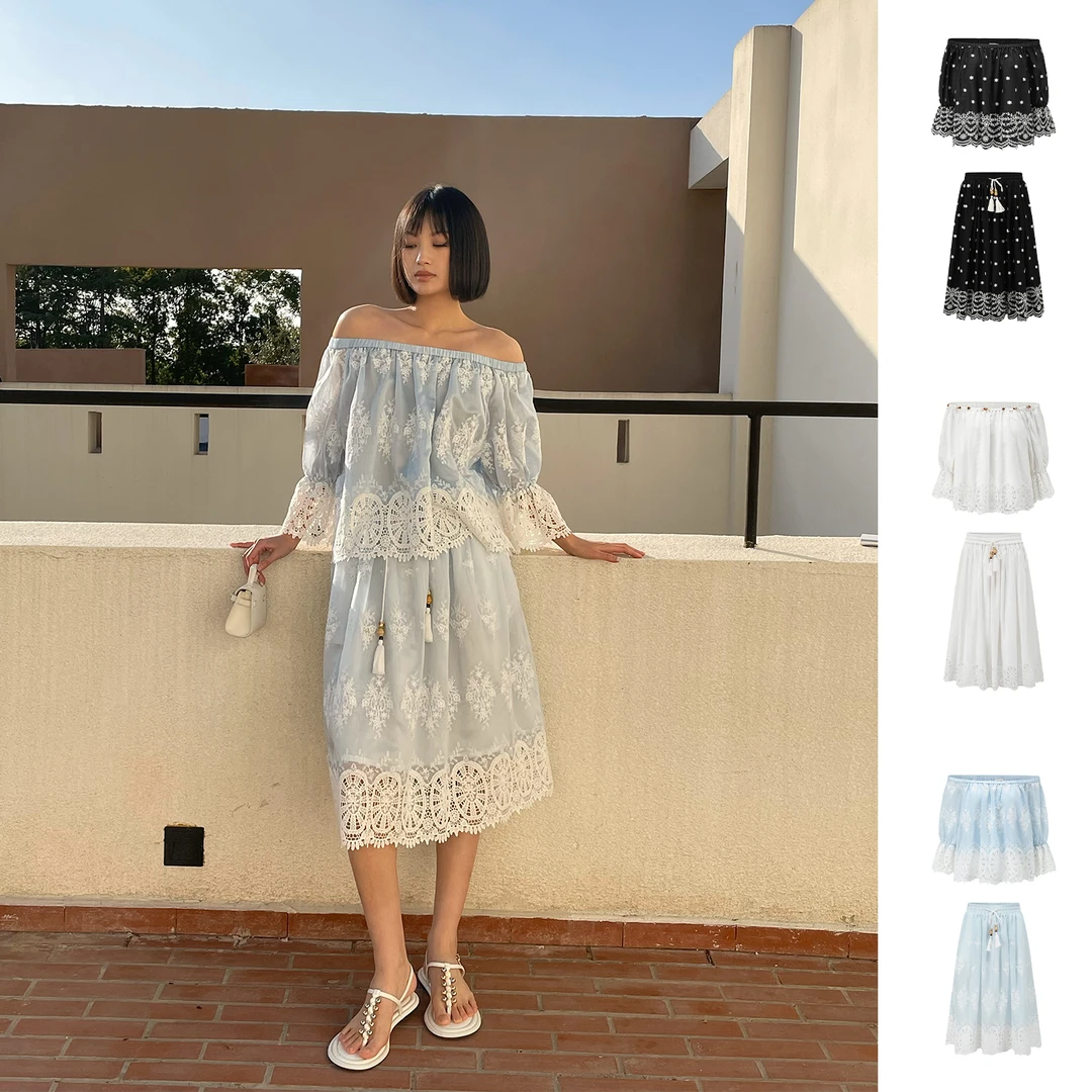 SOLSOL-ODTD品牌25早春浪漫提花拼接度假感一字肩上衣/半身裙