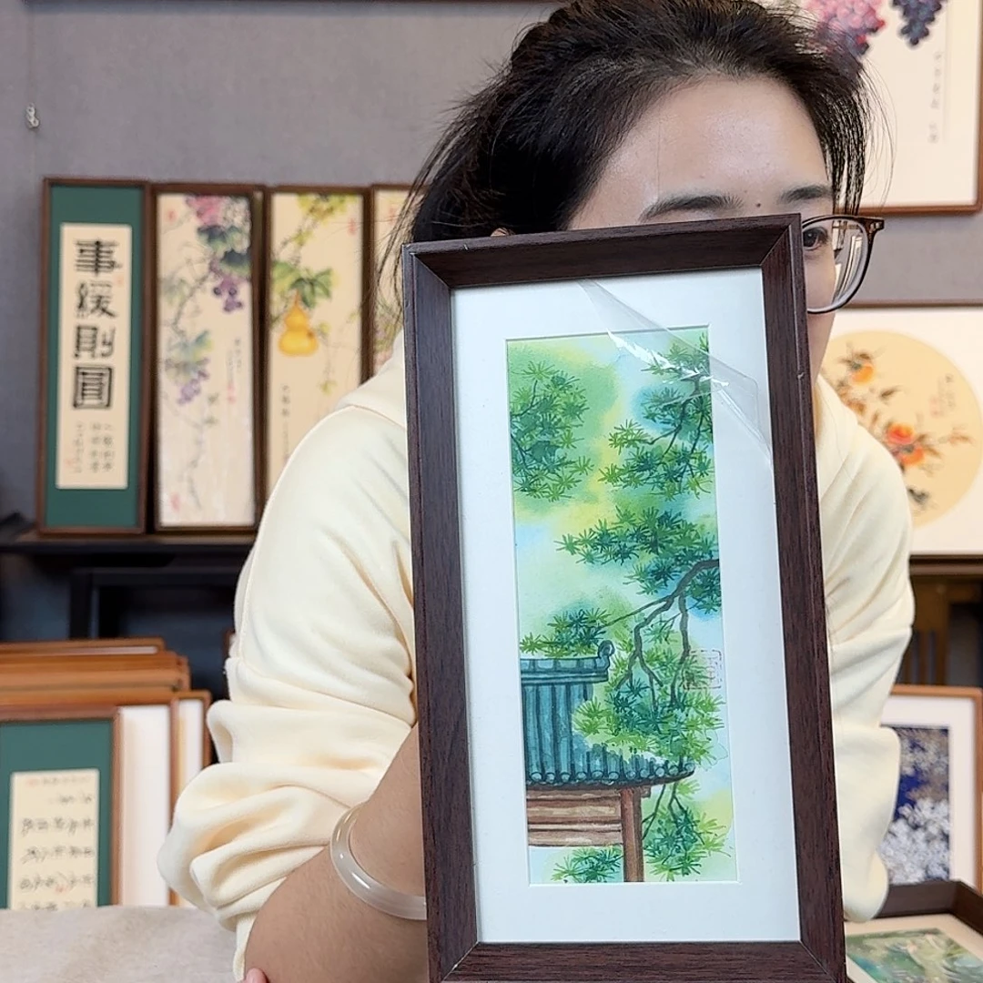 国画纯手绘，纯手写带框尺寸：16×29厘米