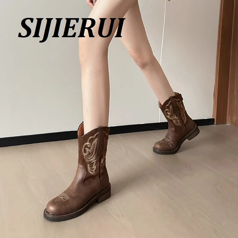 SIJIERUI真皮英伦风短靴女棕色复古欧美刺绣西部牛仔靴骑士马丁靴