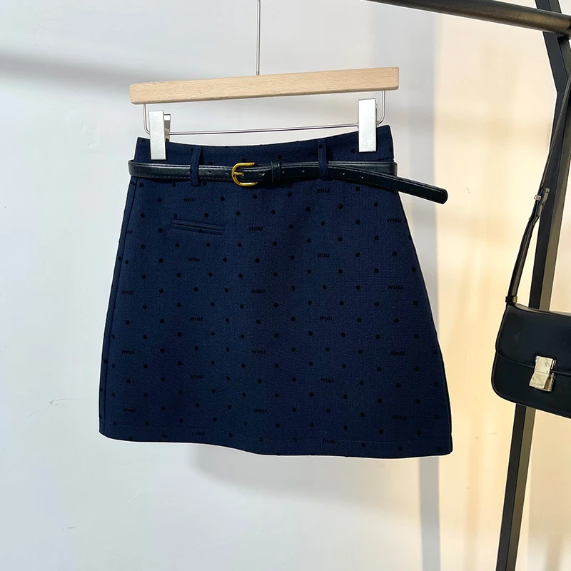 藏青色波点半身裙女2025新款春夏短裙高腰a字裙小个子显瘦包臀裙