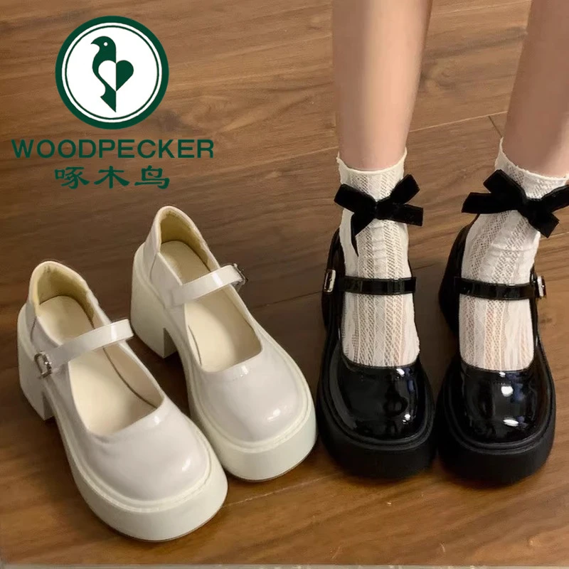啄木鸟甜酷粗跟高跟小皮鞋女爆款2025春季新款厚底复古玛丽珍单鞋