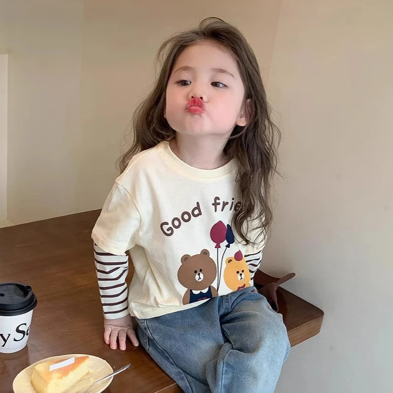 女童T恤春秋季儿童洋气长袖上衣女宝宝萌娃童装秋装纯棉打底衫T