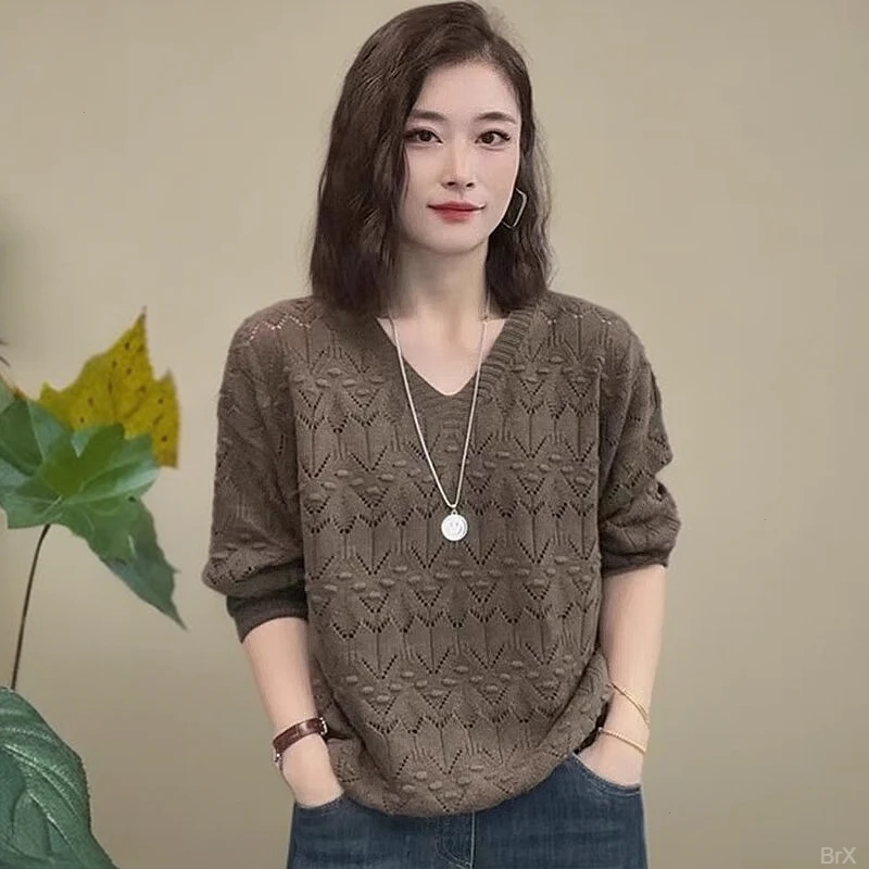 春秋大码洋气时尚针织衫显瘦气质上衣V领宽松百搭毛衣长袖打底衫