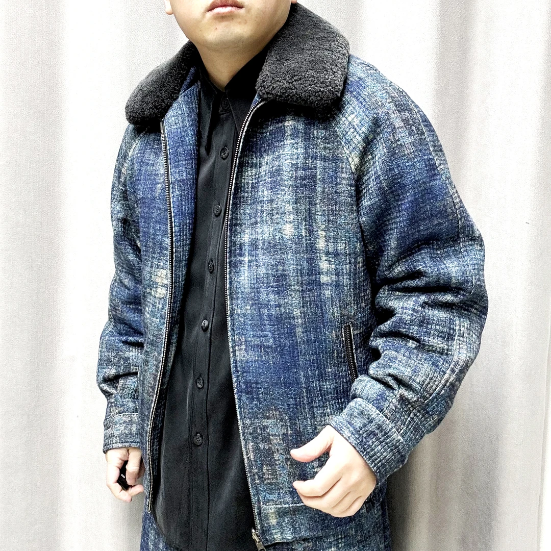 25116-1柞蚕丝男装外套短款毛领牛仔休闲风宽松翻领免烫保暖厚款