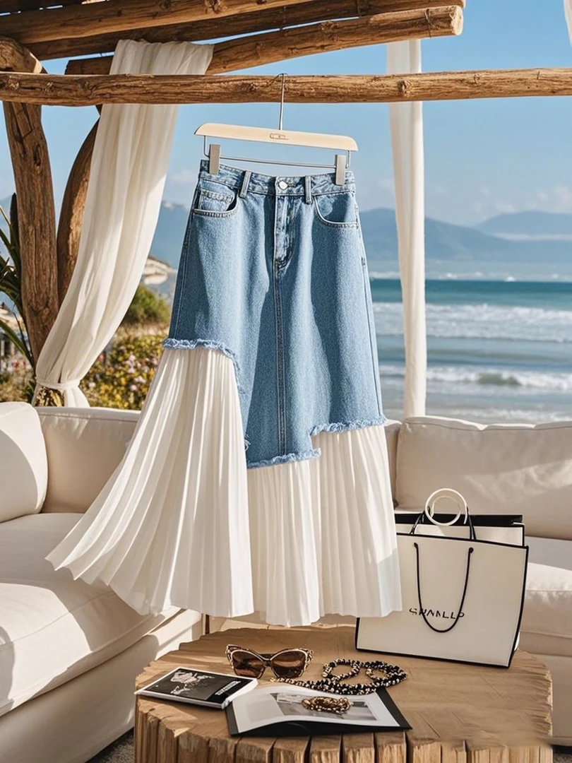 今年爆款牛仔拼接半身裙子2025夏季时尚洋气高级感高腰遮胯长裙女