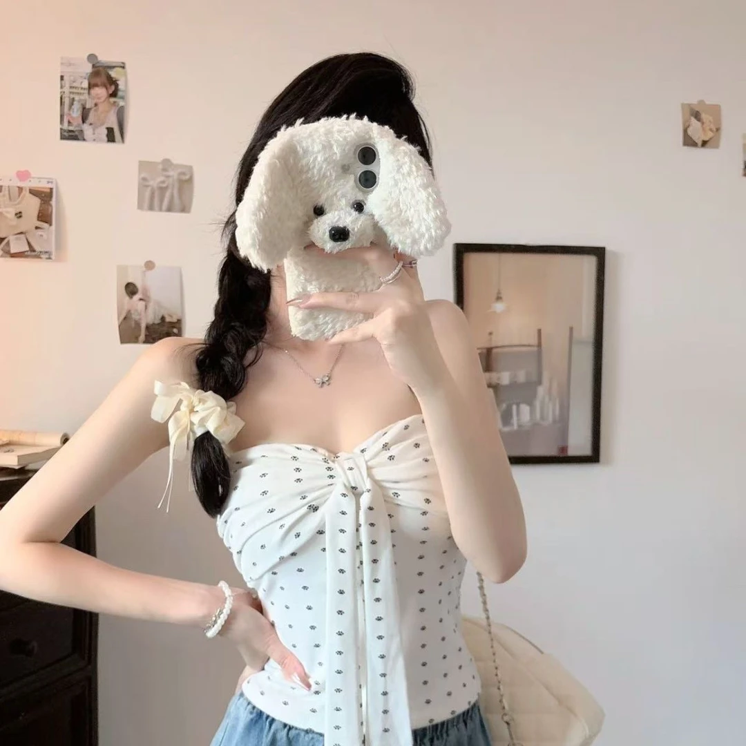 波点抹胸白色无袖紧身性感裹胸抹胸背心女纯欲风辣妹chic甜辣