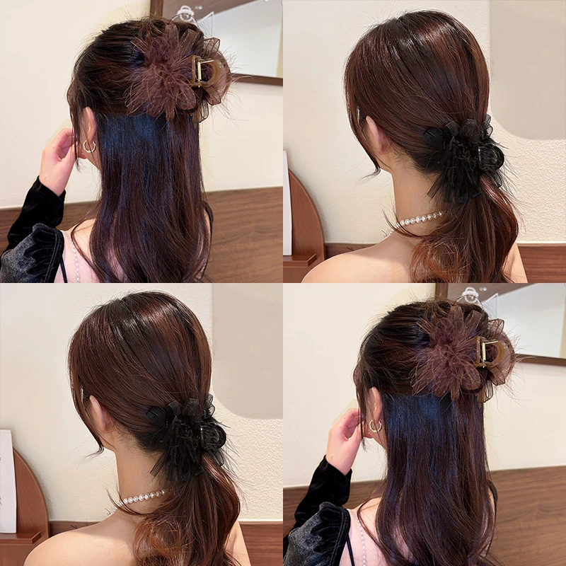 啊喔鹅超仙羽毛抓夹高级设计感秋冬百搭气质发夹鲨鱼夹时尚发饰