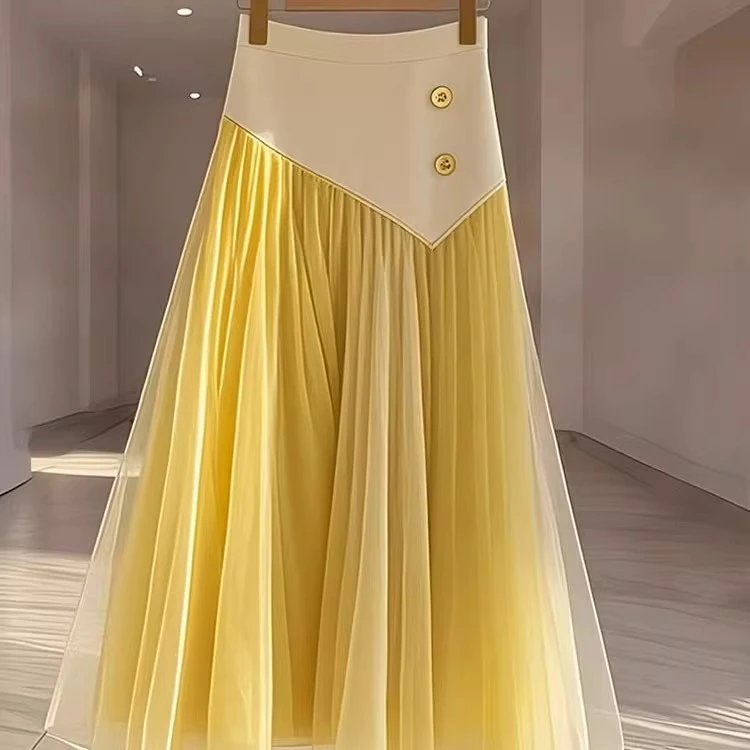法式温柔风超好看气质a字裙高级感黄色拼接网纱半身裙女2025春季