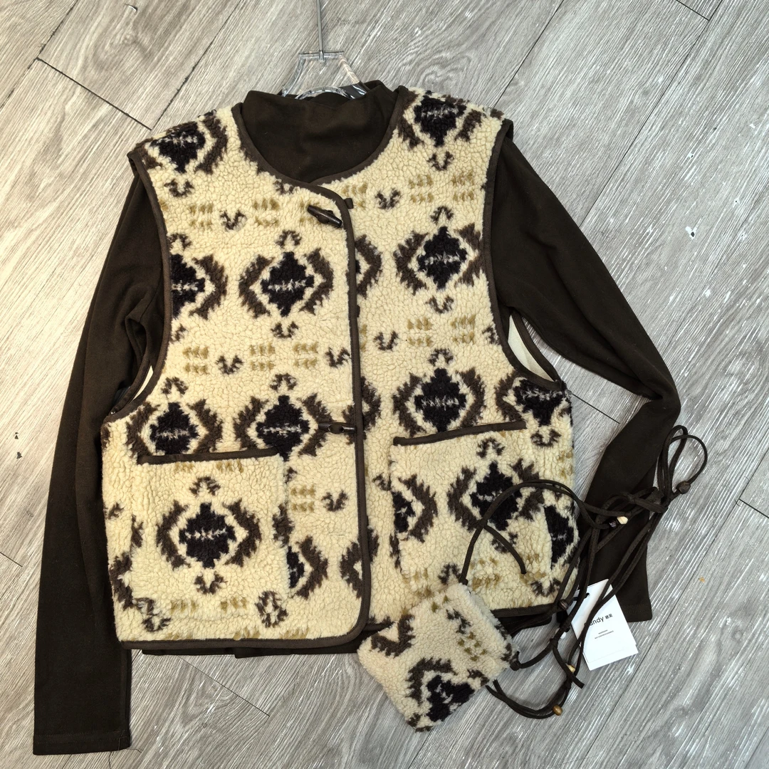 秋冬百搭提花马夹百搭休闲女半高领韩系小香风时尚复古三件套马夹