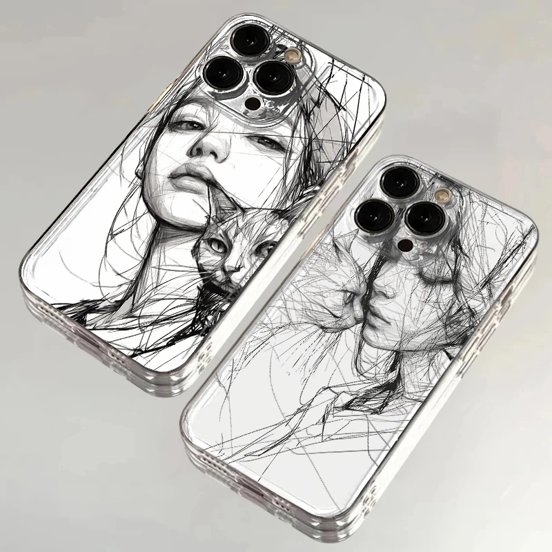 飞虎胜素描女孩与猫适用苹果16promax手机壳华为vivo小米15oppo套