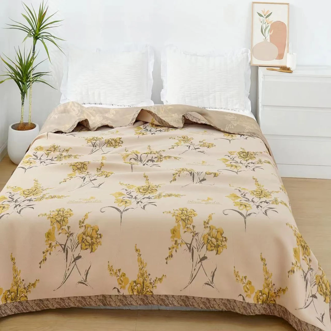 J【床盖-加大花乐颂-黄】230*250cm加厚多功能可铺可盖双面床盖