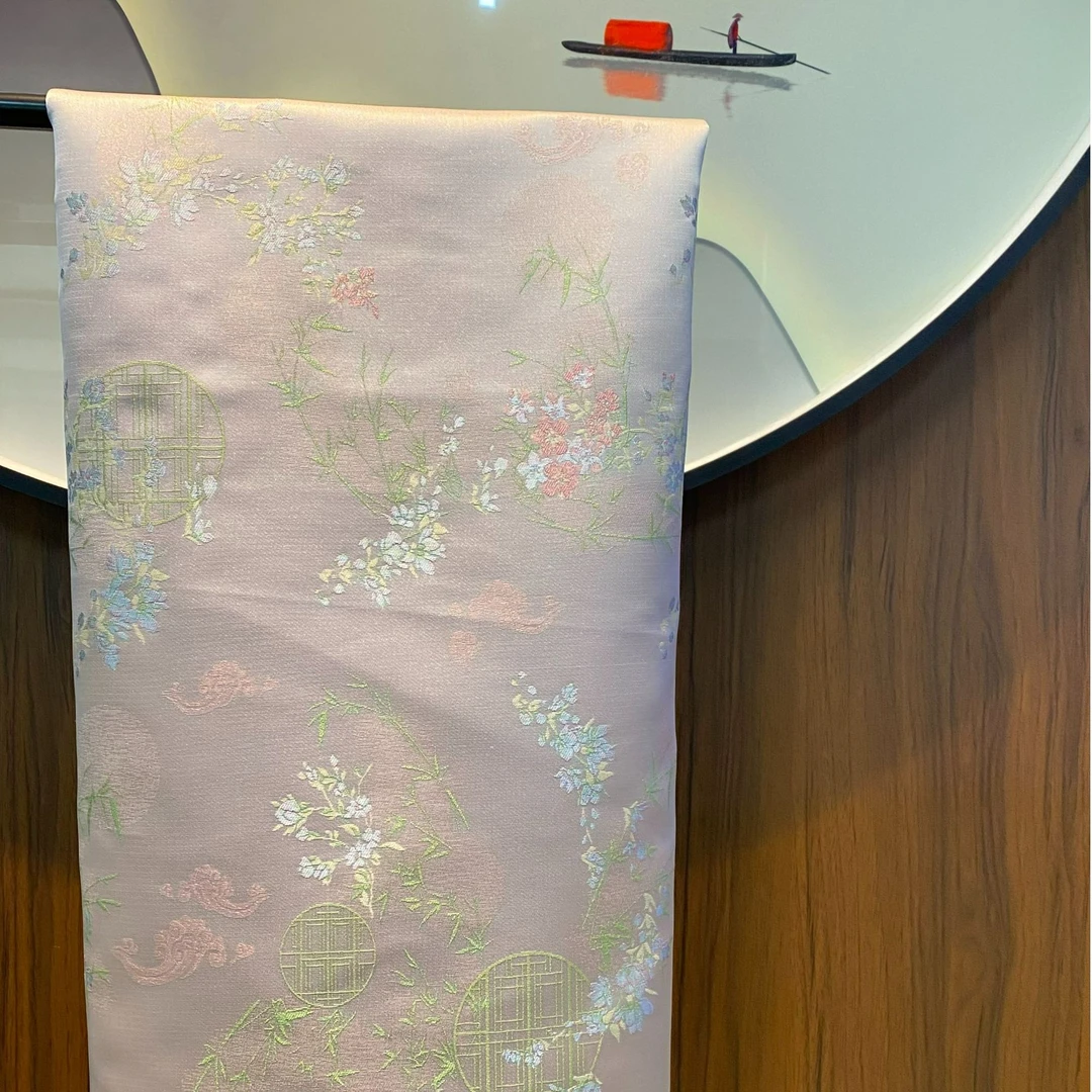 【H45粉花好月圆】国风中式织锦圆窗提花面料旗袍外套马甲裙子布料