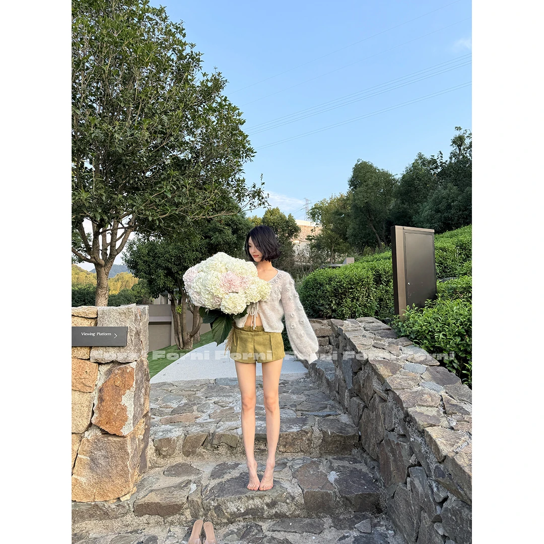 FORNI 玫瑰花圃 柔雾马海毛羊毛手工立体钩花系带针织开衫