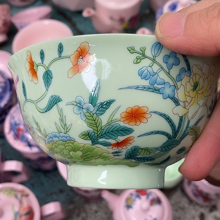 摆件陶绿稀土五色花五寸碗