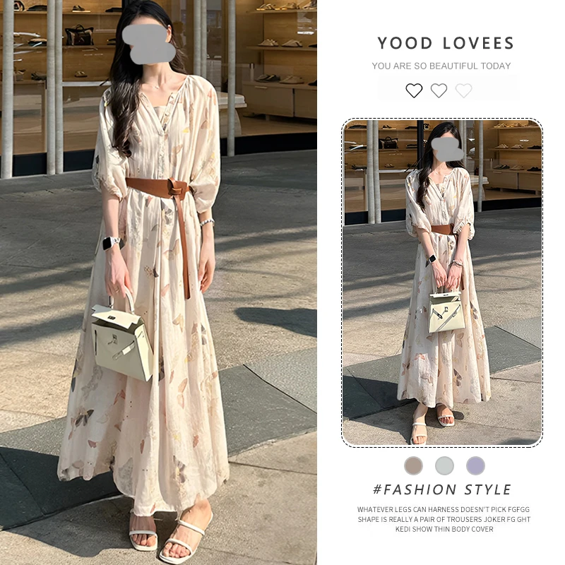 假日度假风半袖连衣裙女2025夏季新款显瘦时尚百搭裙子a字长裙子