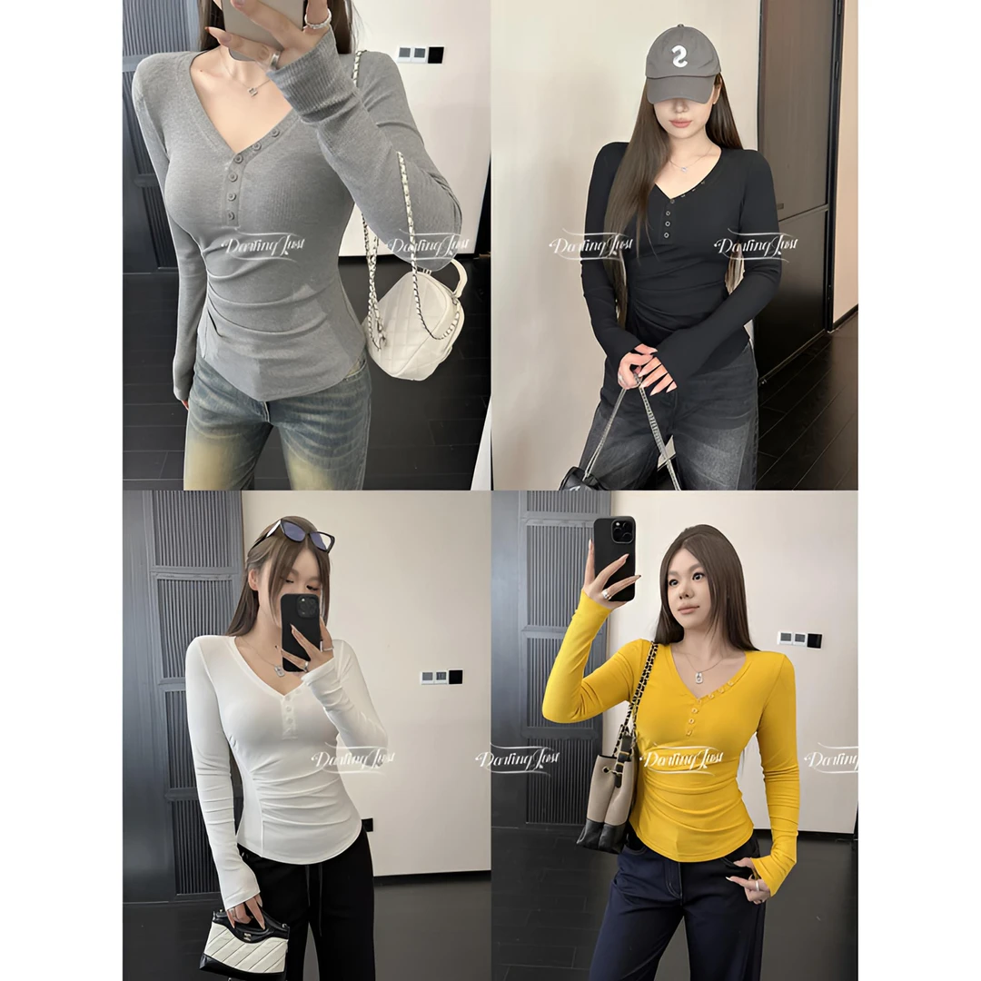 DarlingJust小野墩墩[微胖配方]V领纽扣t修身基础款打底