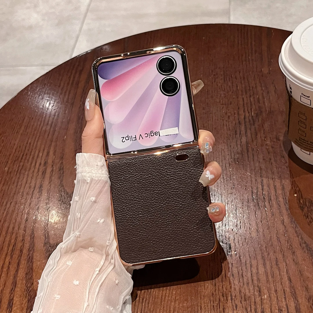 适用荣耀magic v flip2手机壳vflip折叠高档真皮荔枝纹电镀保护壳