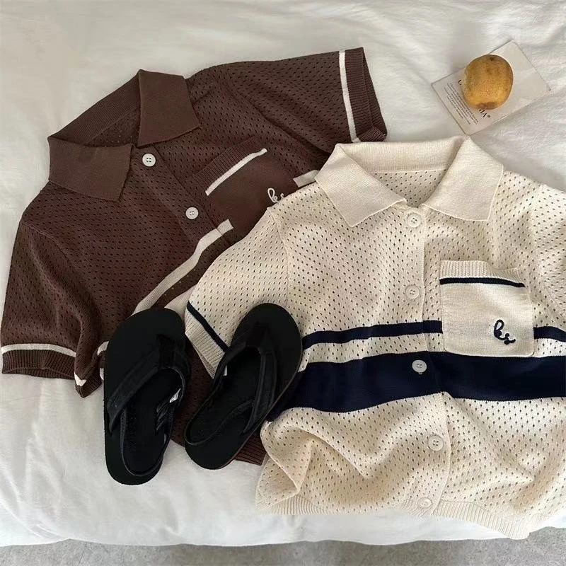 2025夏季男女童装镂空撞色冰丝针织衫洋气宝宝百搭透气短袖polo衫