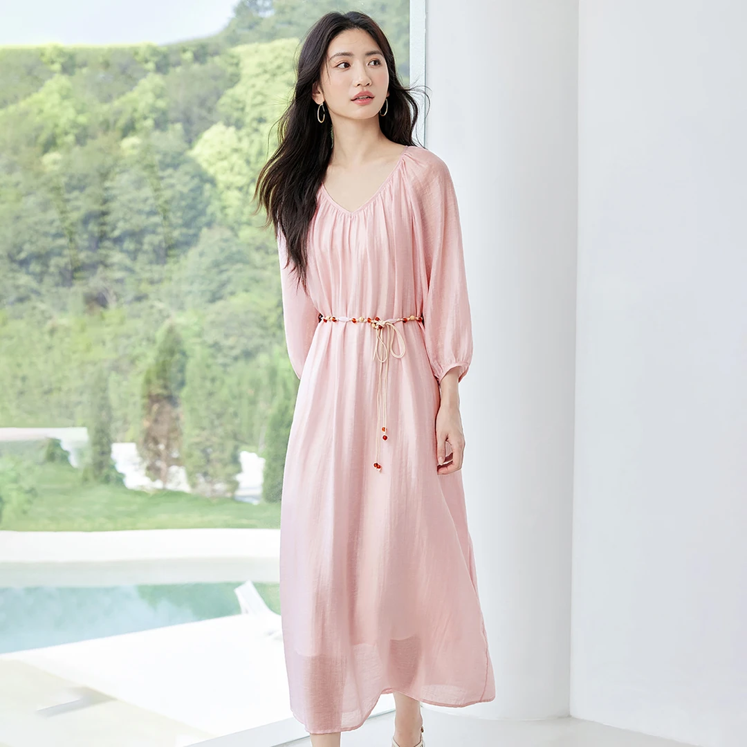 【朗文斯汀 旗舰同步】天丝亚麻连衣裙女收腰灯笼袖粉色裙子25夏