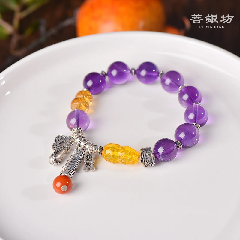 【菩银坊】S925银 紫水晶五条经好事发生手链 珠子12mm+
