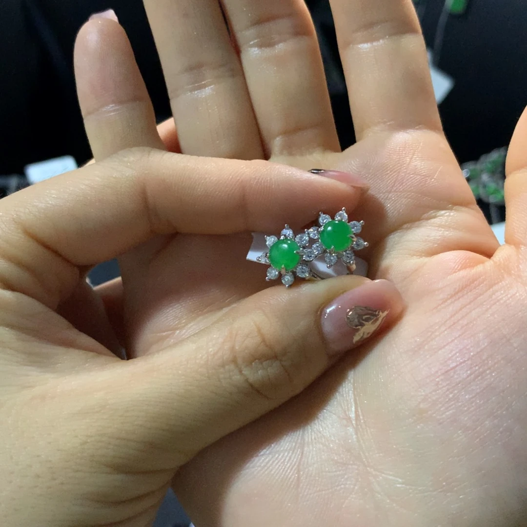 翡翠戒指银S925镶嵌花**?耳钉