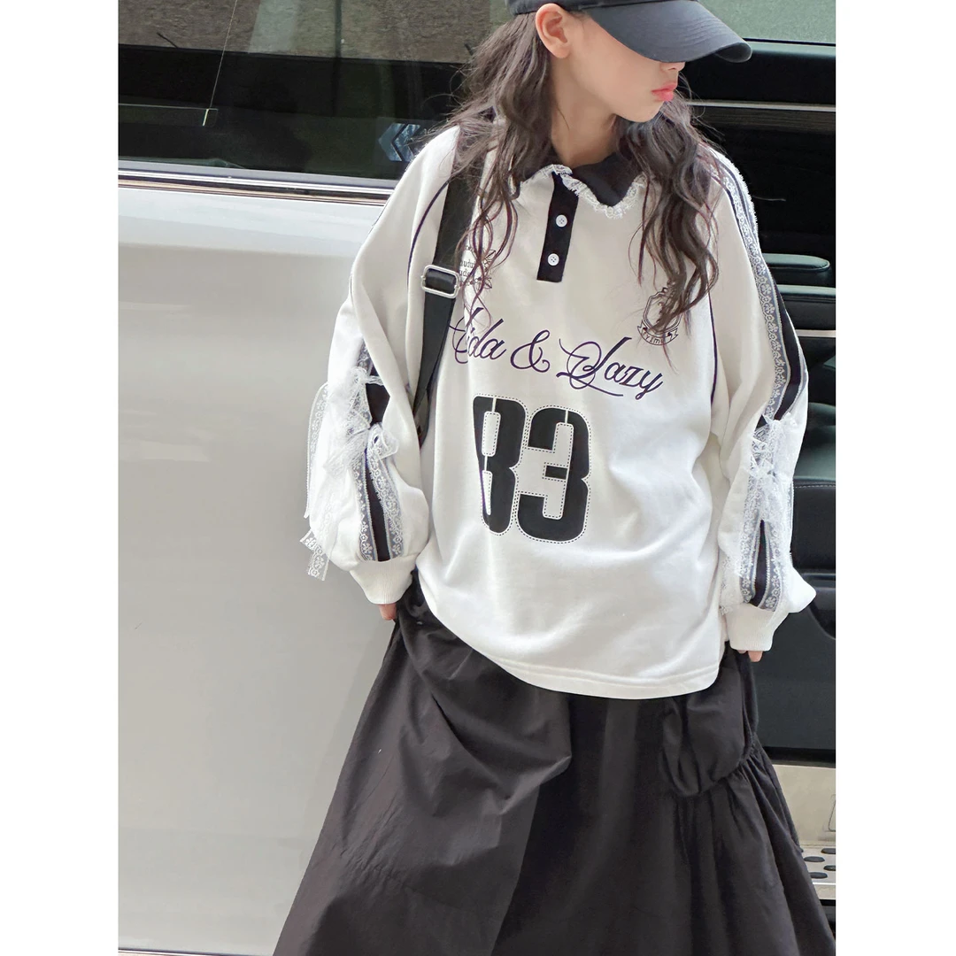 K29396孙小美蕾丝翻领女童长袖卫衣2025秋装新款儿童打底衫潮