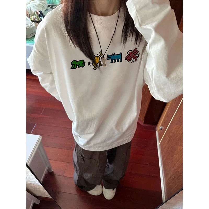 美式小众创意卡通印花长袖T恤女春秋季oversize宽松内搭打底上衣