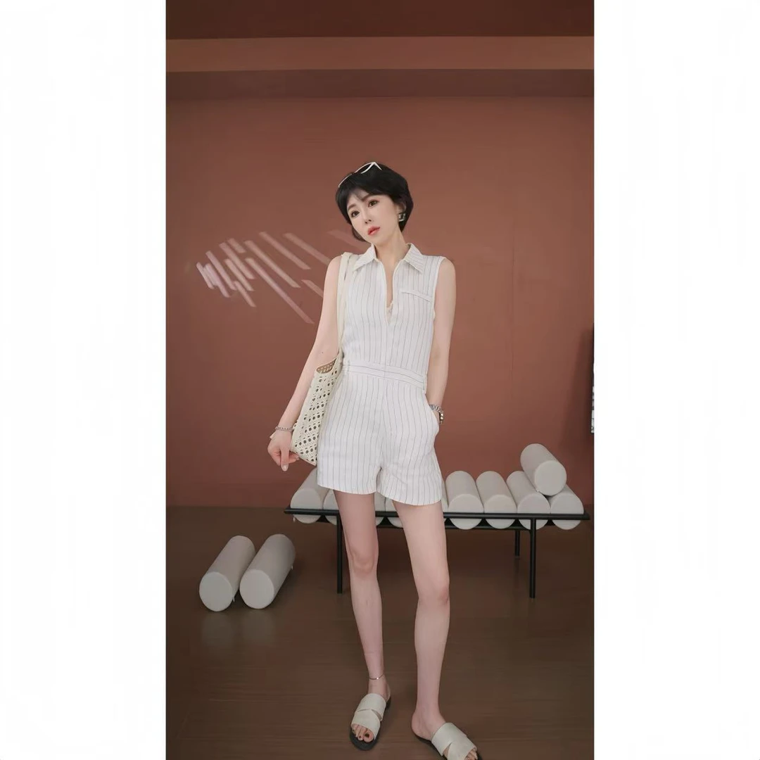 法国长亚麻条纹连体裤简约通勤休闲短裤