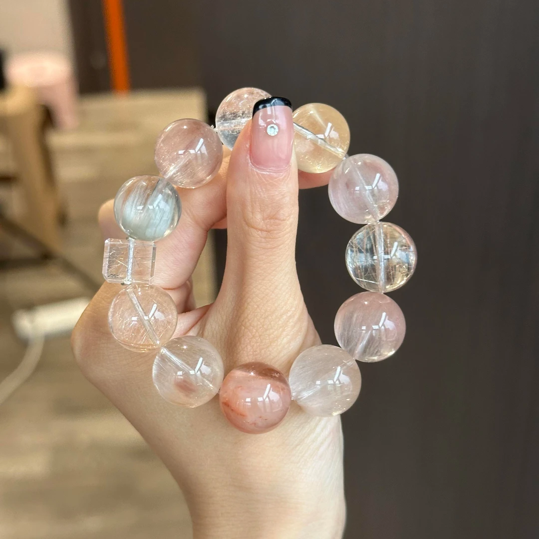 铜合金手链 果冻体粉兔毛圆珠手链渐变粉黄兔毛串珠少女心手链款