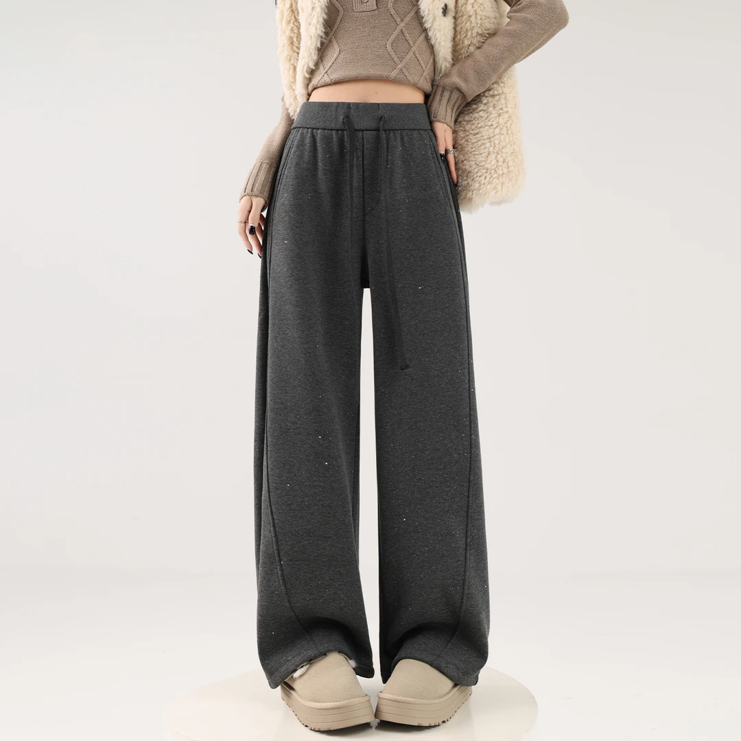 加绒加厚冬季保暖糯米阔腿裤女大码胖mm防寒亮片显瘦香蕉休闲长裤